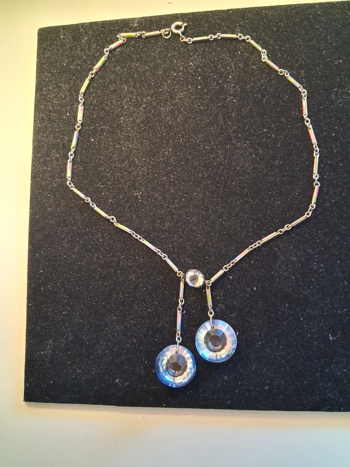 Unusual Deco Asymmetrical Blue Starburst Glass Drops Necklace