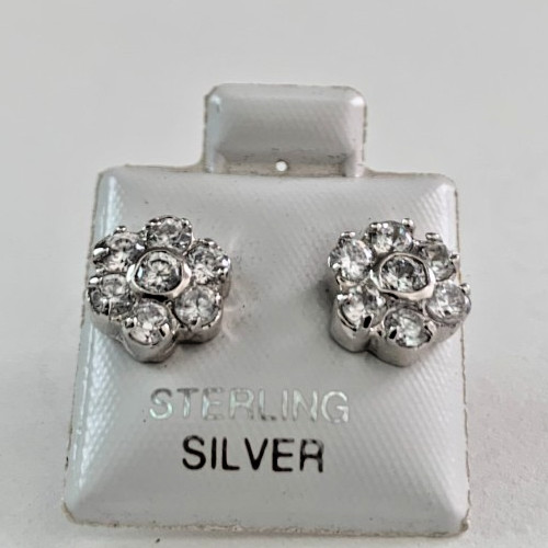 Rosette Flower Cluster Cubic Zirconia Stud Earrings in Solid Sterling Silver