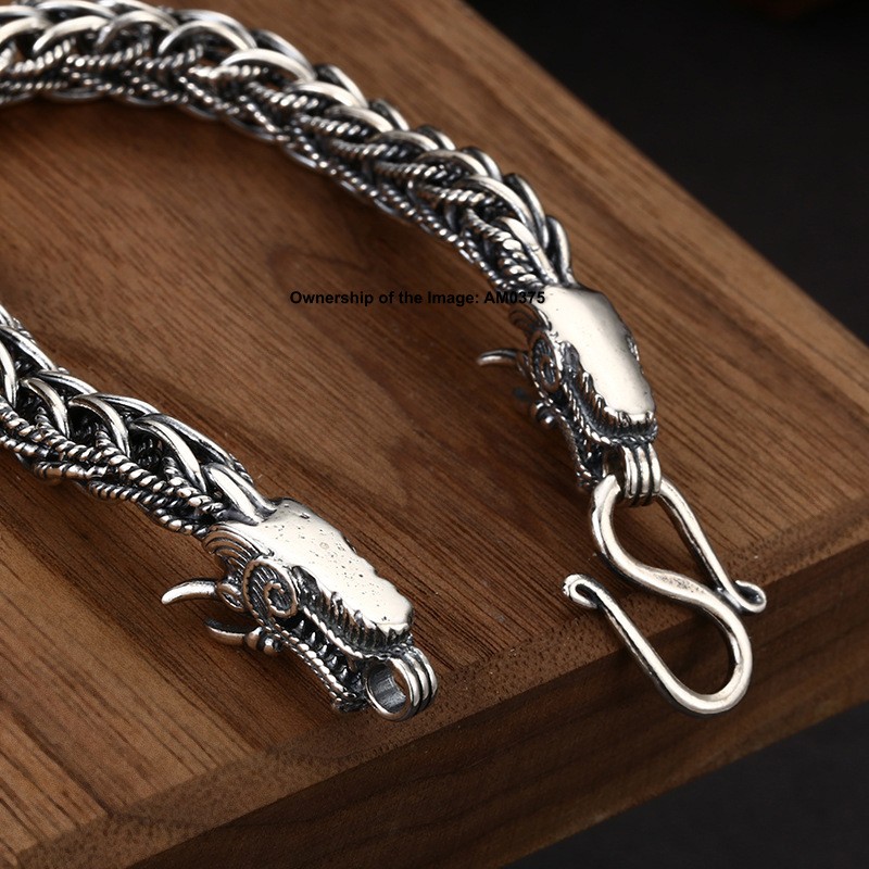 Pure 925 Sterling Silver Dragon Head Wheat Link Bracelet Vintage Style 7.9inch