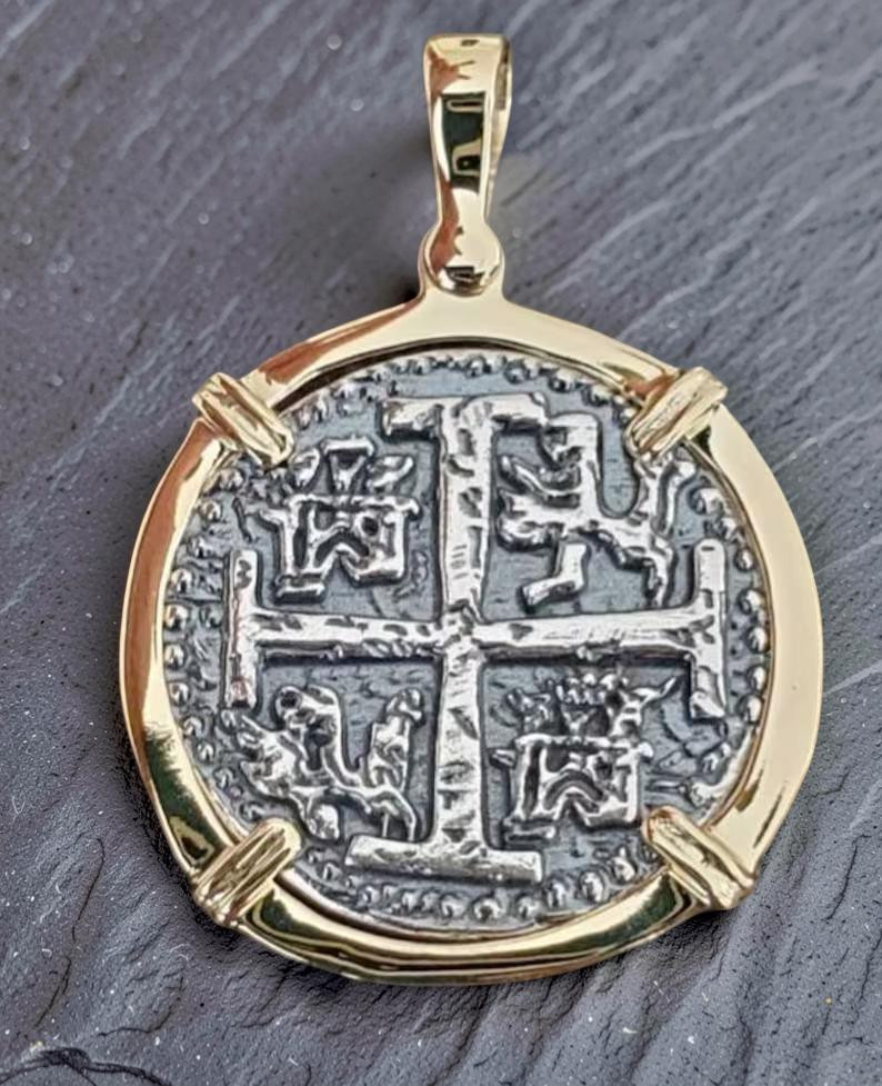Atocha Shipwreck Silver Coin Pendant Solid 14k Gold Frame Museum Quality