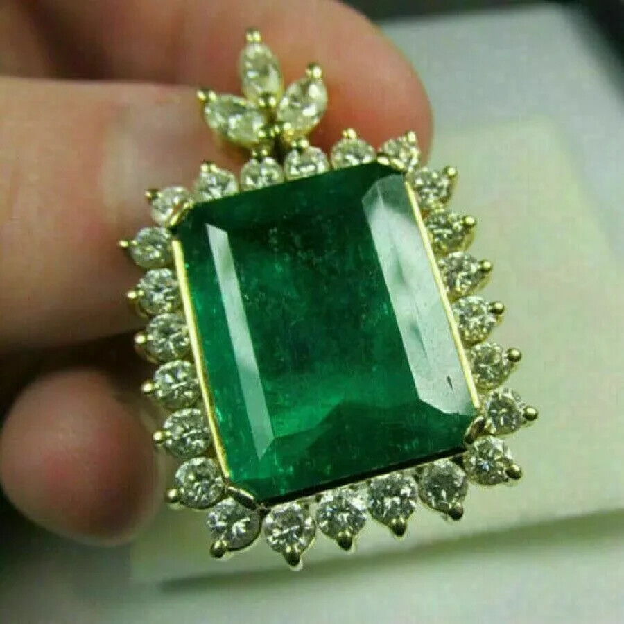 4.50Ct Emerald Cut Green Emerald Halo Diamond Pendant 14k Yellow Gold Finish