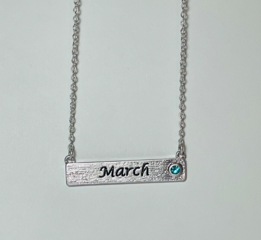 Personalized March Birthstone Necklace Bar Pendant Dainty Silver Plated