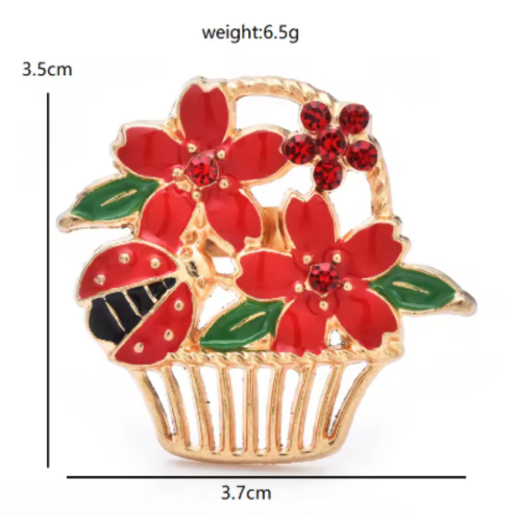 Easter Spring Ladybug Flower Basket Brooch Sparkling Rhinestone Pin Jewelry Gift