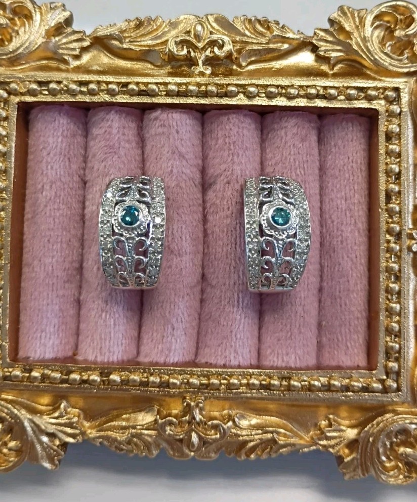 14kt White Gold Half Hoops Teal Blue and White Diamonds Approx .50ctw 8.3 grams