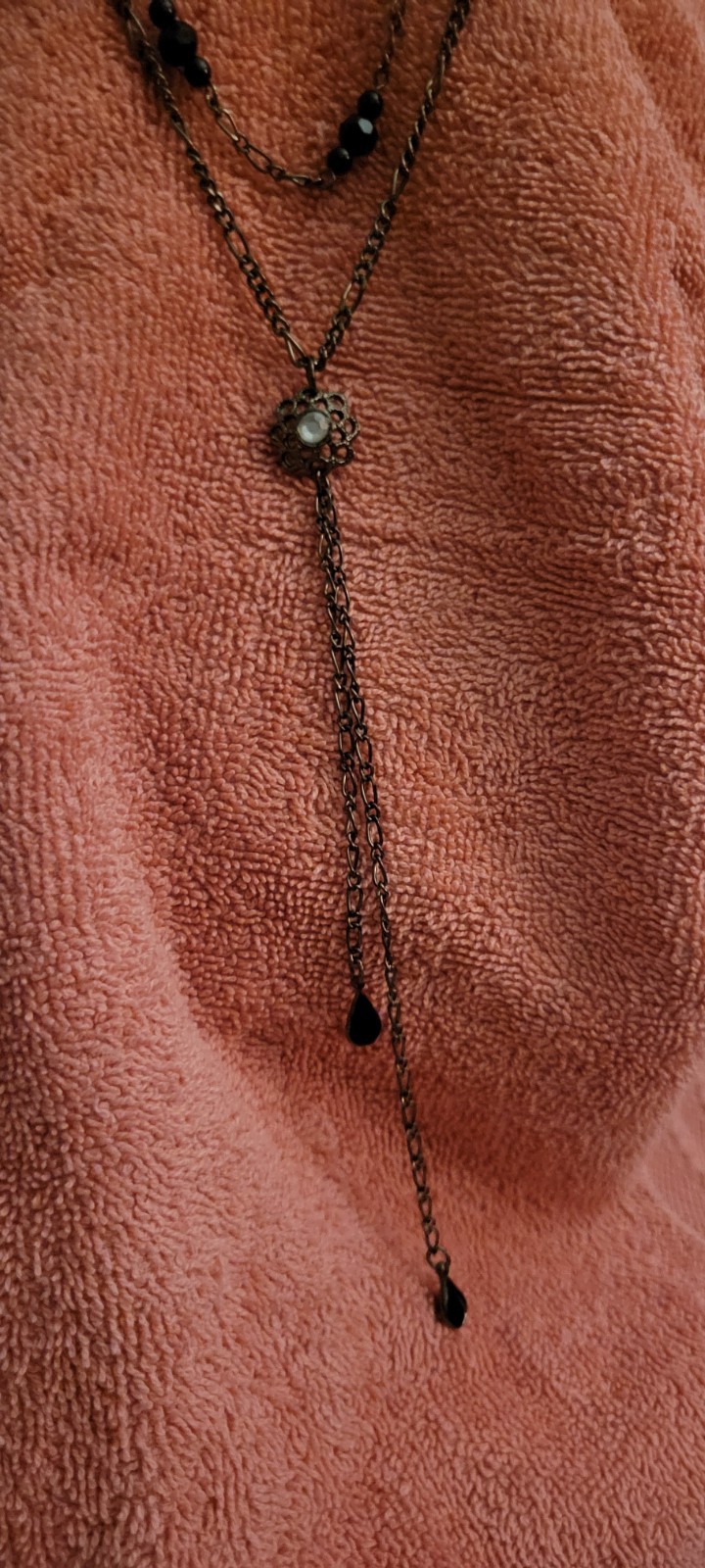Cookie Lee Black Beaded Y-Drop Teardrop Pendant Necklace, Cable Chain Lobster