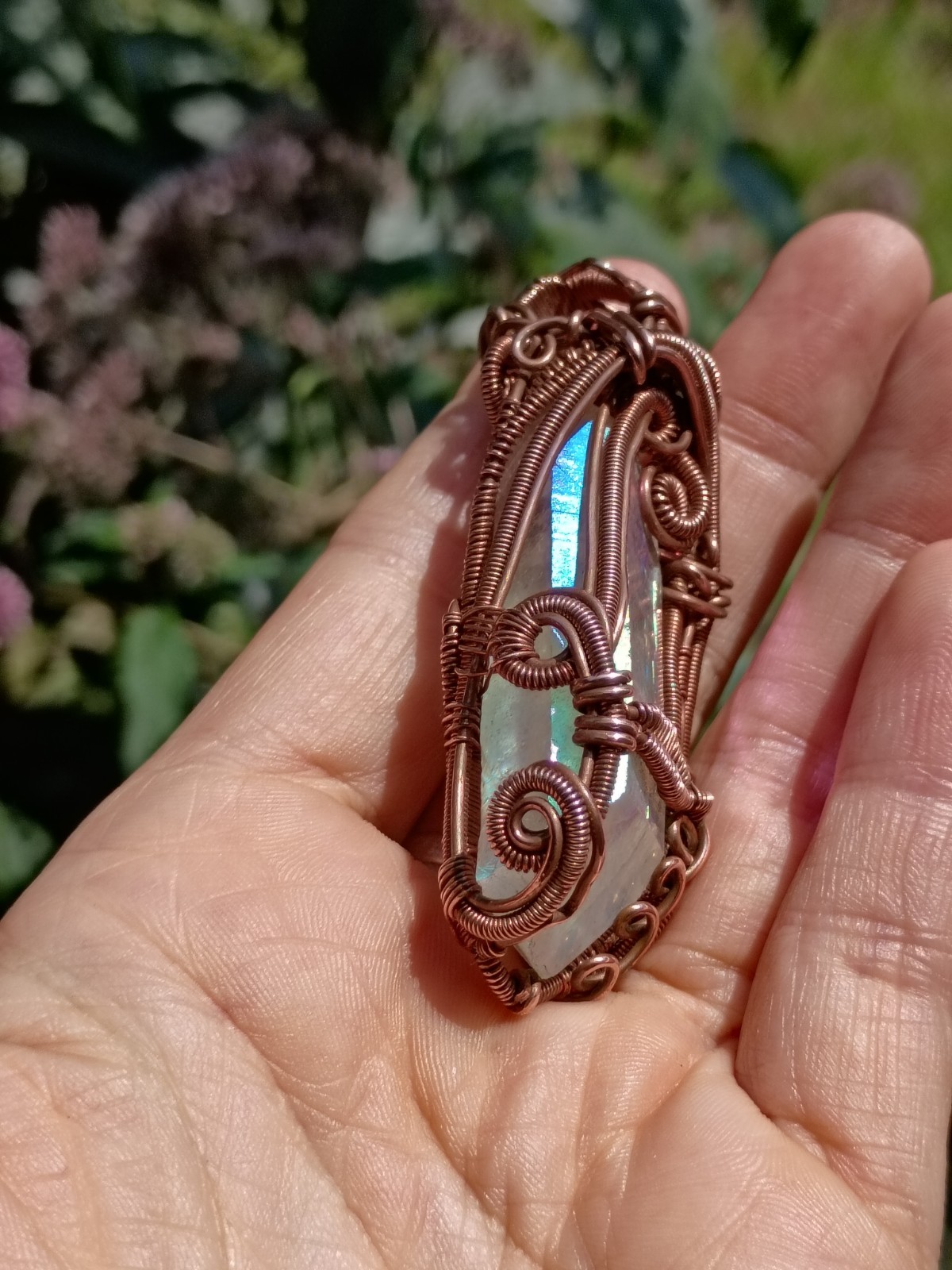 Angel Aura Quartz Crystal Wire Wrap double terminated Copper Pendant Necklace
