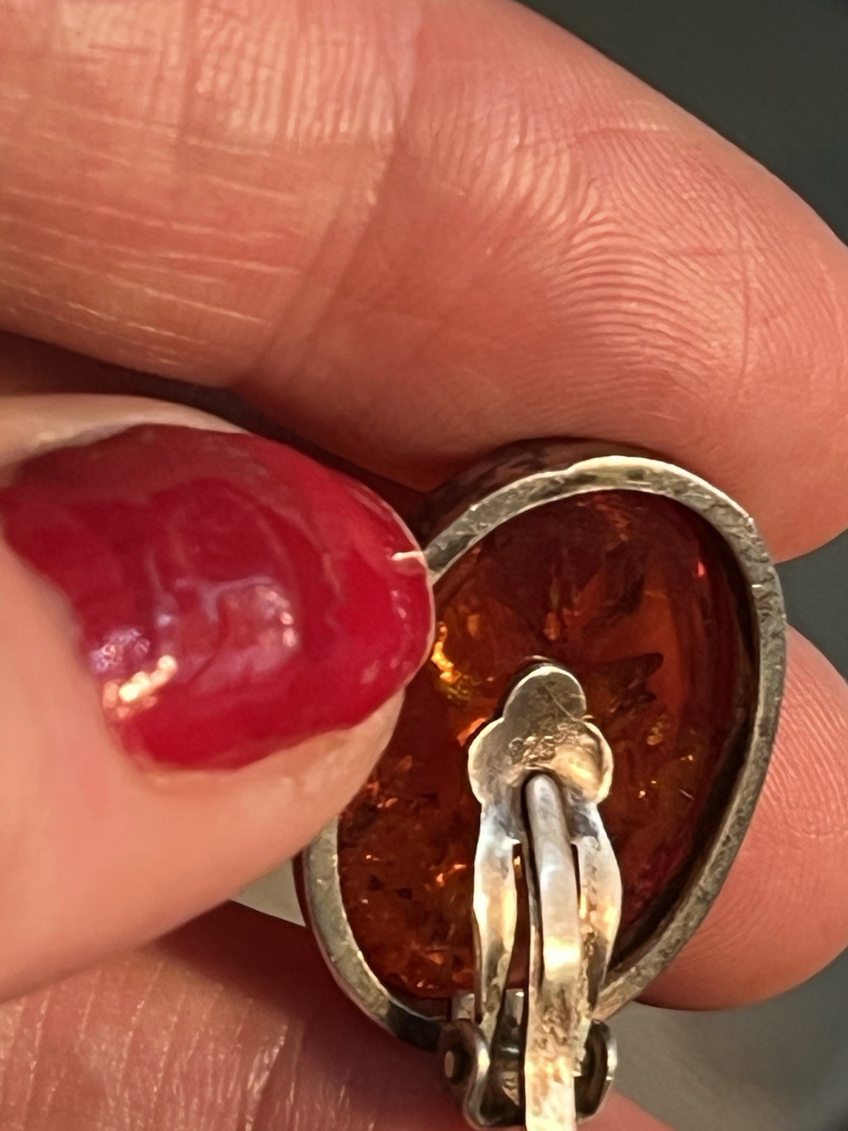 Oval Orange Amber Cabochon Bezel Clip-On Stud Earrings Silver Tone Metal