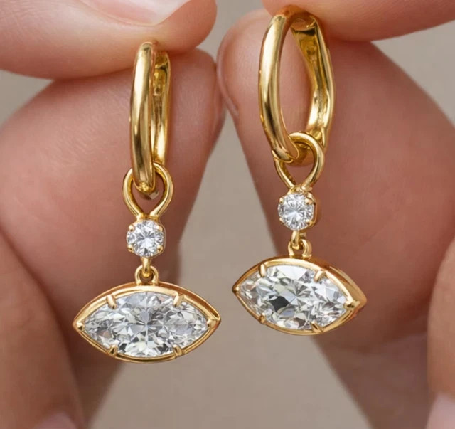 2Ct Marquise Moissanite Bezel Set Drop Dangle Earrings 14K Yellow Gold Plated