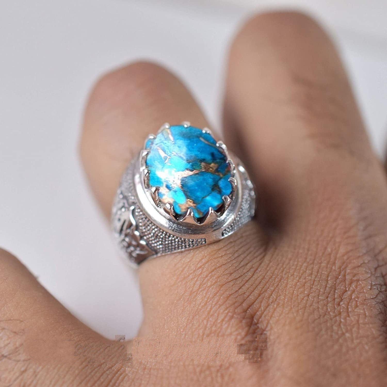 Solid 925 Sterling Silver AA Natural Copper Turquoise Gemstone Men’s Unisex Ring