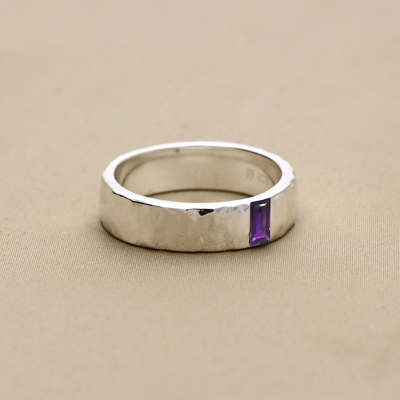 Solid 925 Sterling Silver Hammered Band Ring Amethyst Mens Ring Gift Him