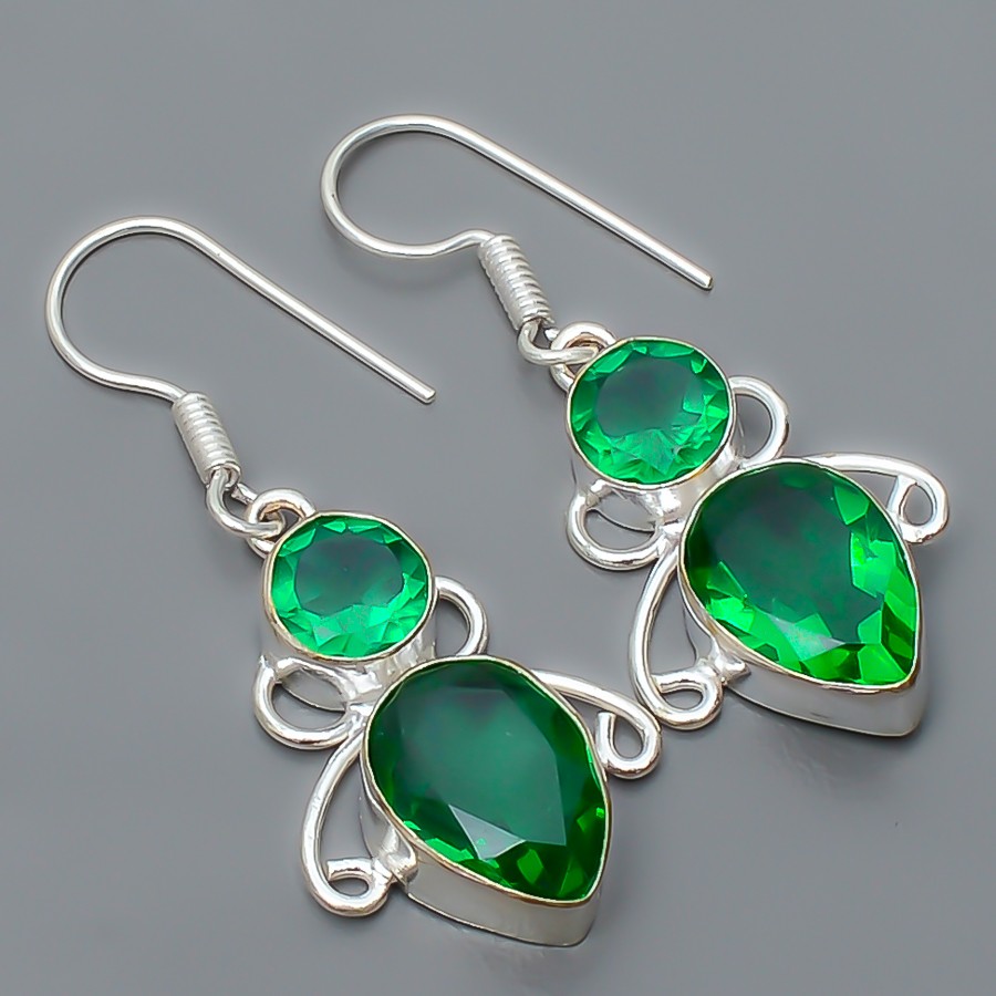 Emerald Quartz (Lab-Created) Gemstone 925 Silver Plated Earring 1.76″ S199