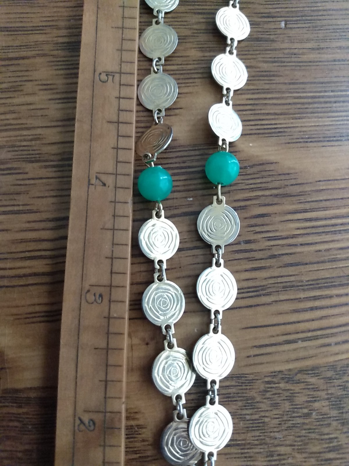 Vintage signed LJM Asian Theme Chain & Pendant With Green Glass Balls