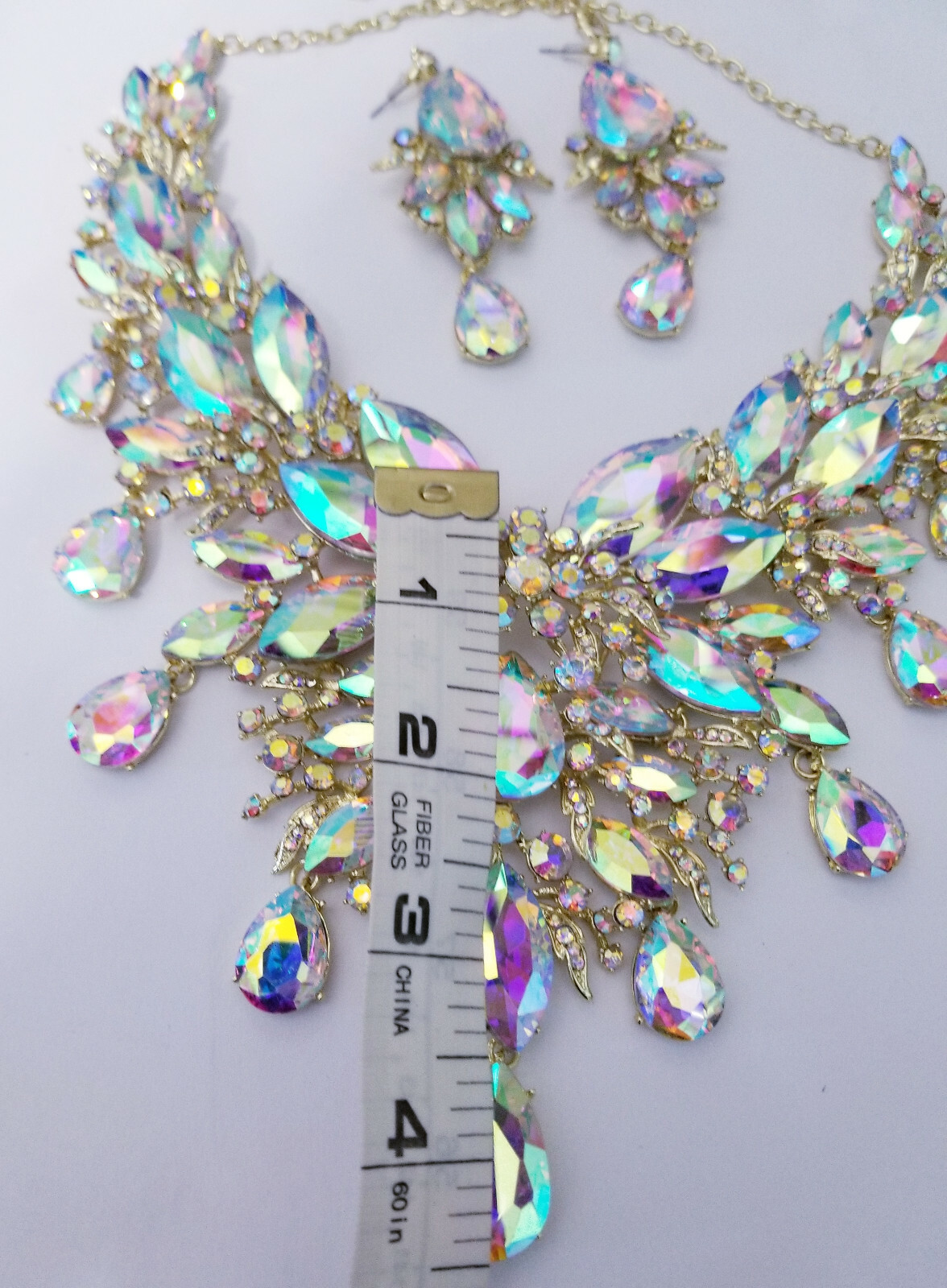 Breastshield Bib Necklace Earring Set Rhinestone AB