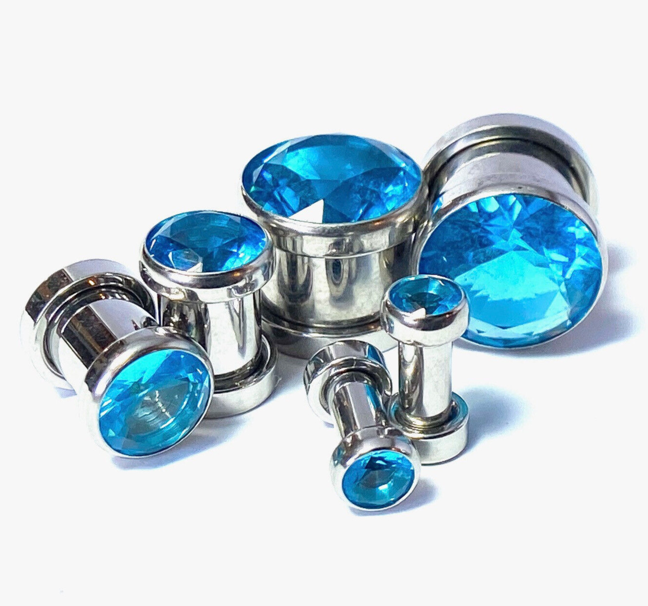 PAIR Large Aqua Blue Gem Screw Fit Tunnel Plug Gauge Body Jewelry Piercing