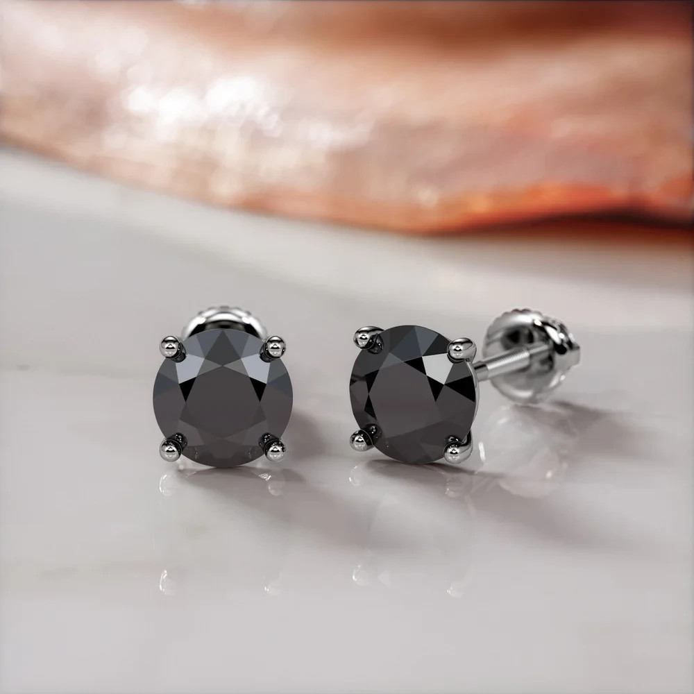 Natural Black Diamond Stud Earrings Martini Setting 14K Gold ScrewBack Men Women