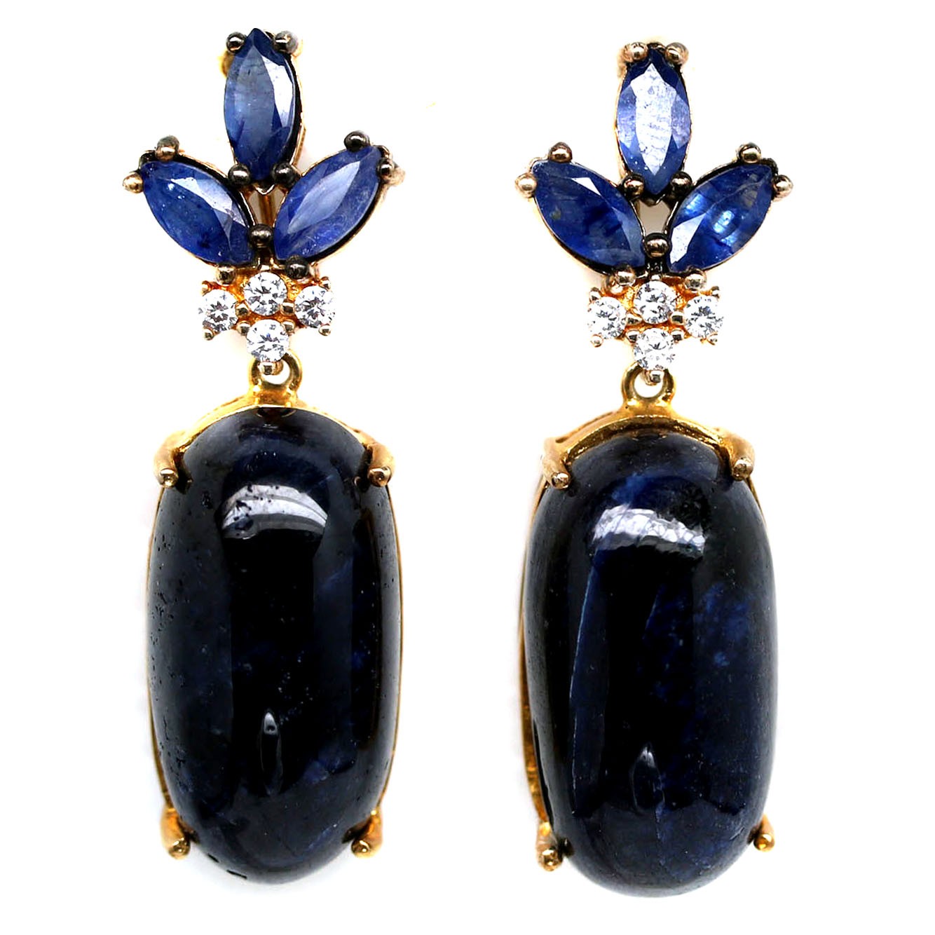 925 Sterling Silver 12 x 23 MM. Blue Sapphire Cubic Zirconia Earrings