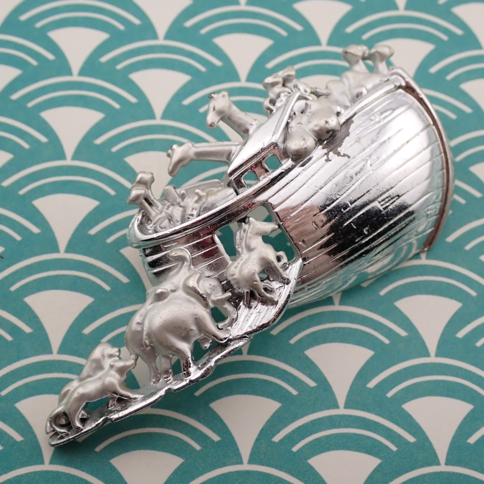 Vintage Silver Tone Noahs Ark Pin Brooch By AJC