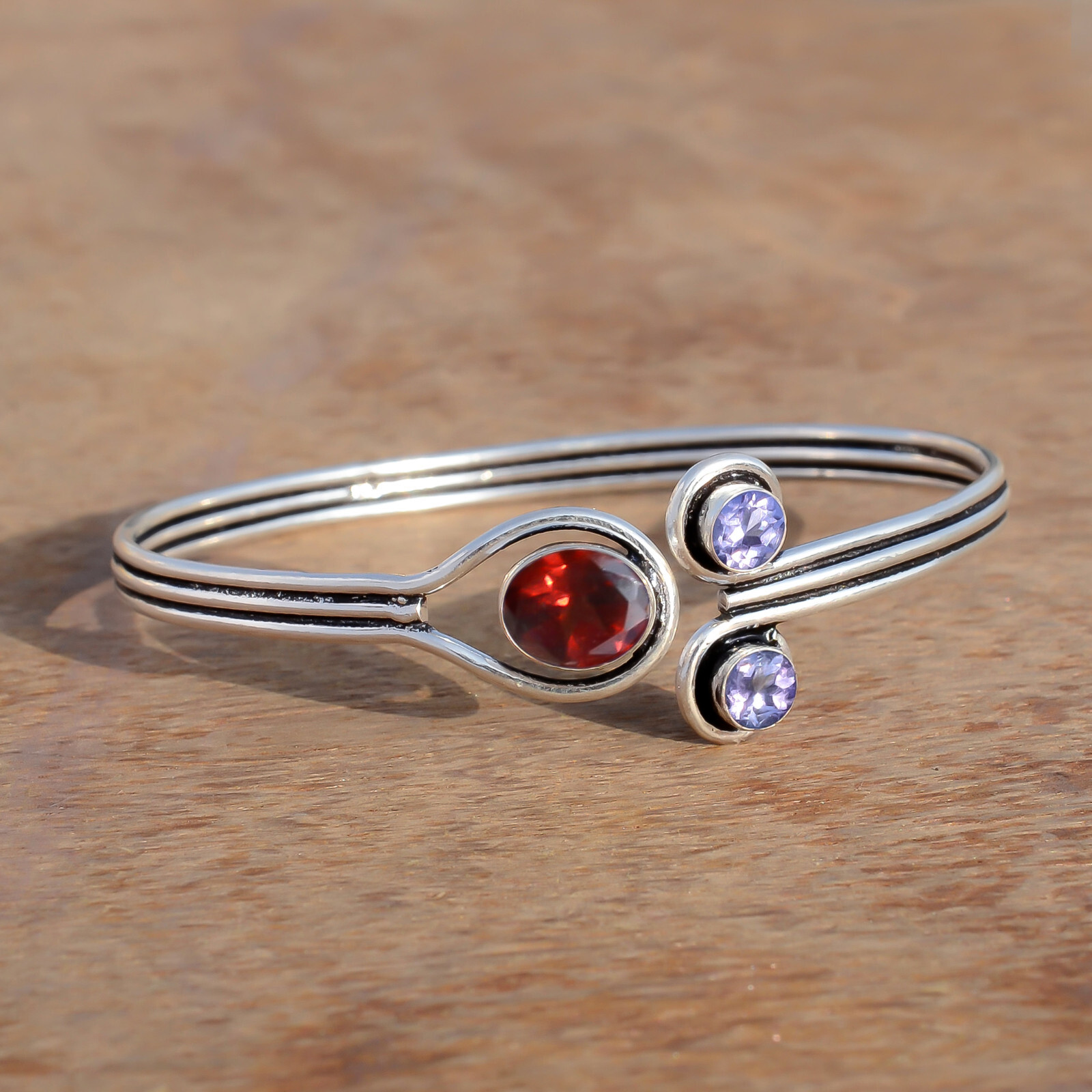 Faceted Garnet & Amethyst Cut Gemstone 925 Sterling Silver Cute Gift Girl Bangle