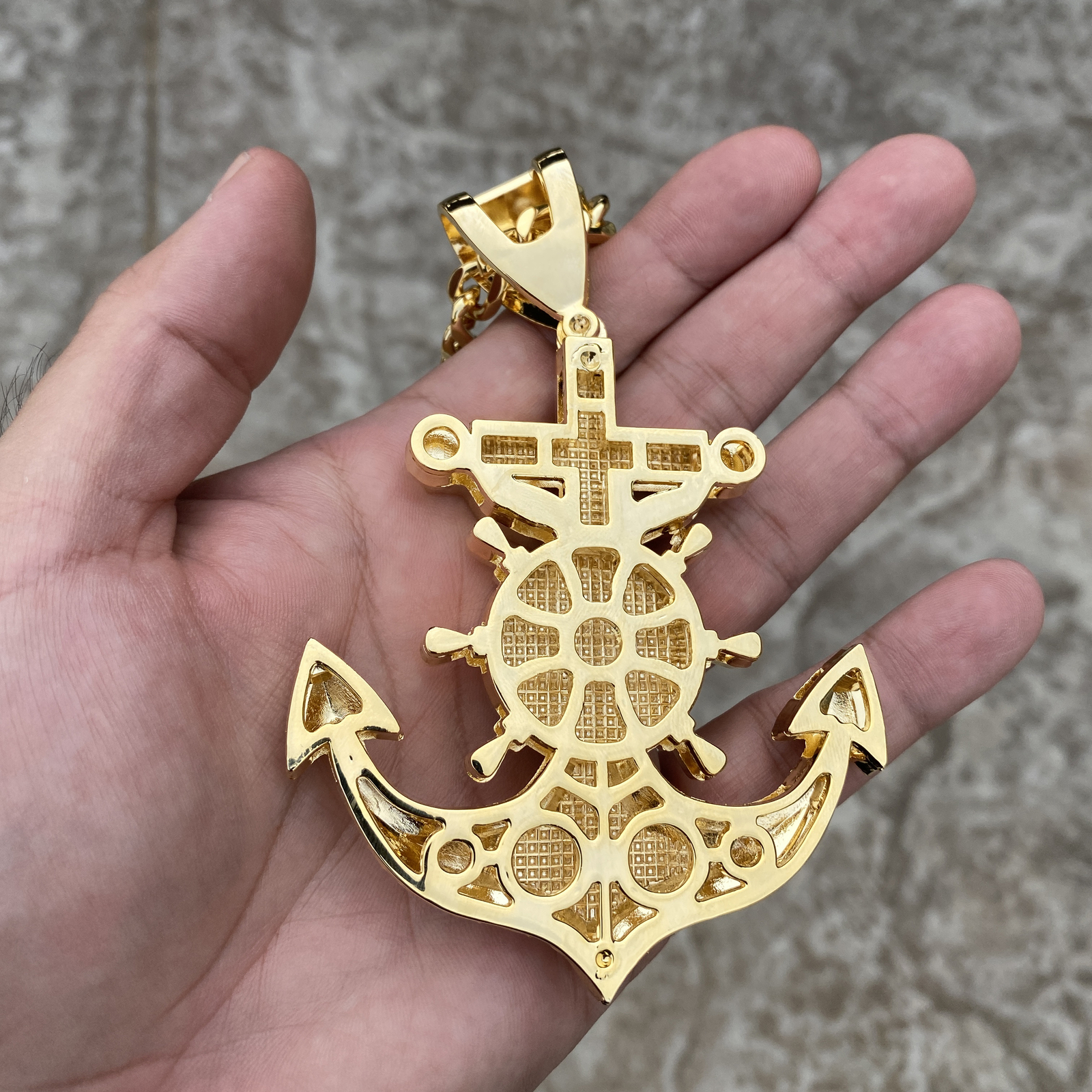18K Gold Plated Huge Mariners Cross Anchor Jesus Chain 30″ Simulated CZ 30″