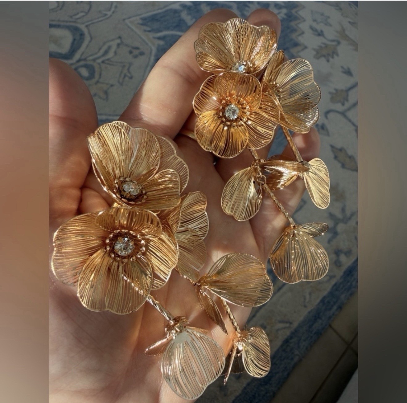 Zara Gold Floral Statement Earrings Long Kate Middleton Luxury Runway Elegant