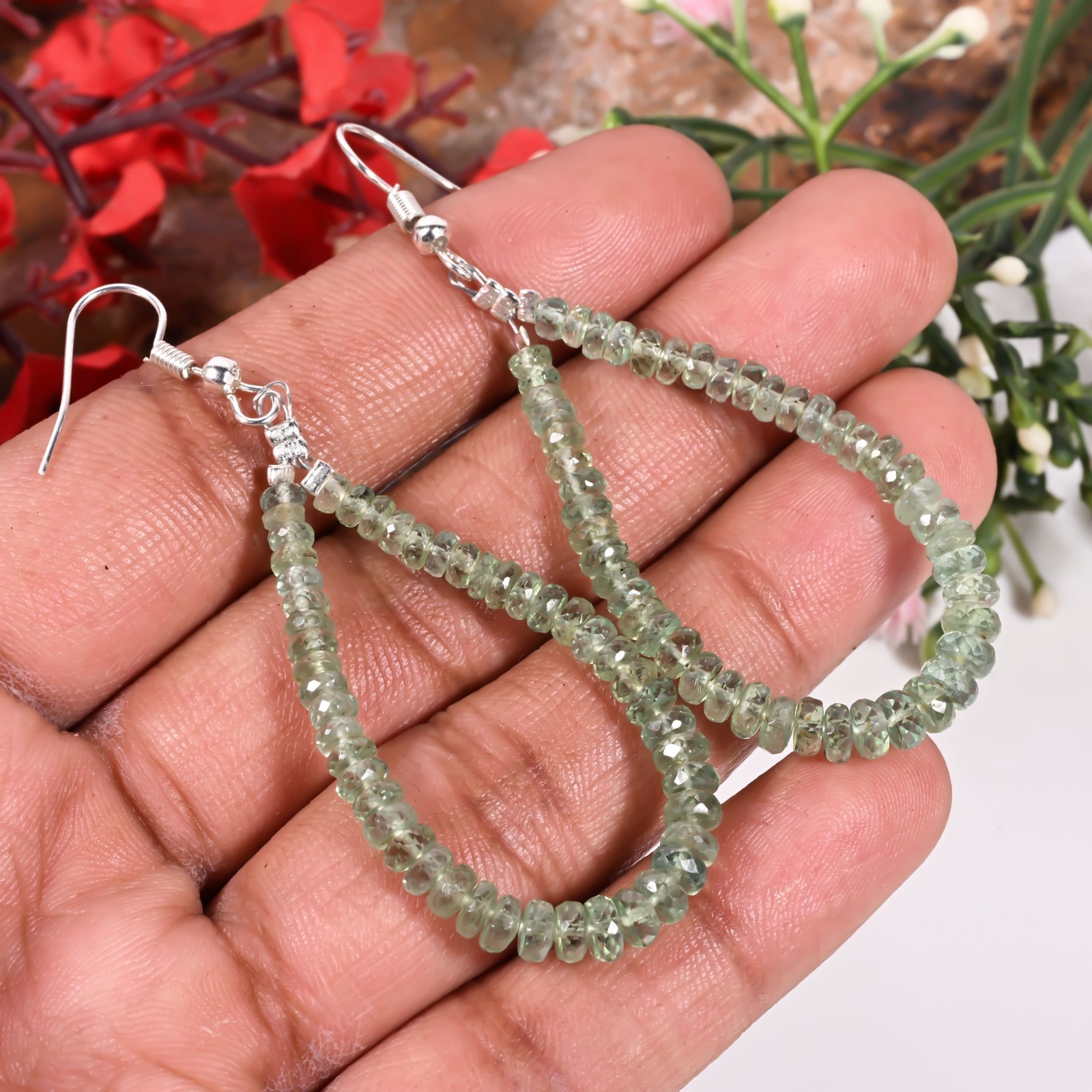 Handmade Mint Green Kyanite Drop Earrings Faceted Rondelle
