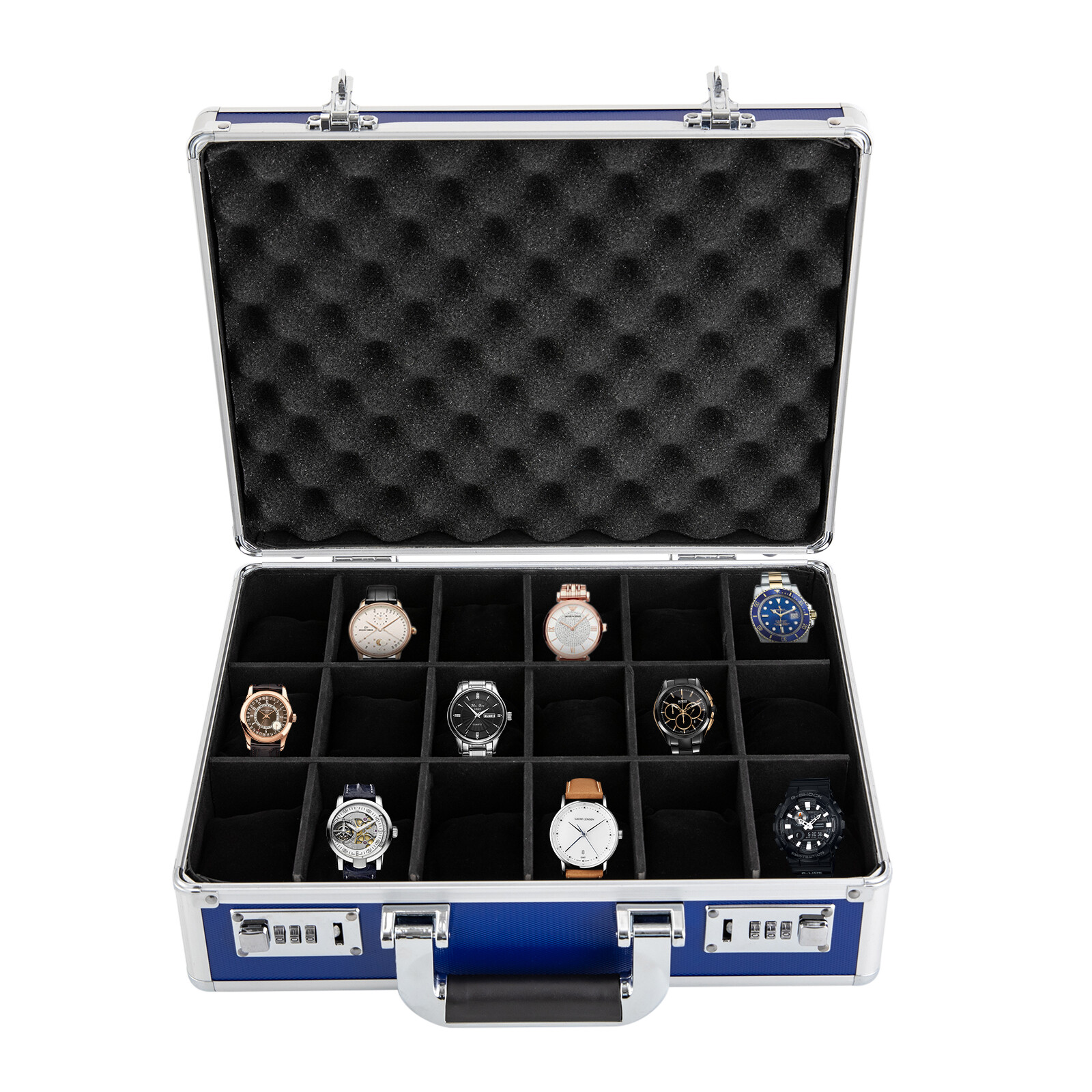 Blue 18-Slot Locking Watch Storage Case – Aluminum Alloy & ABS Briefcase