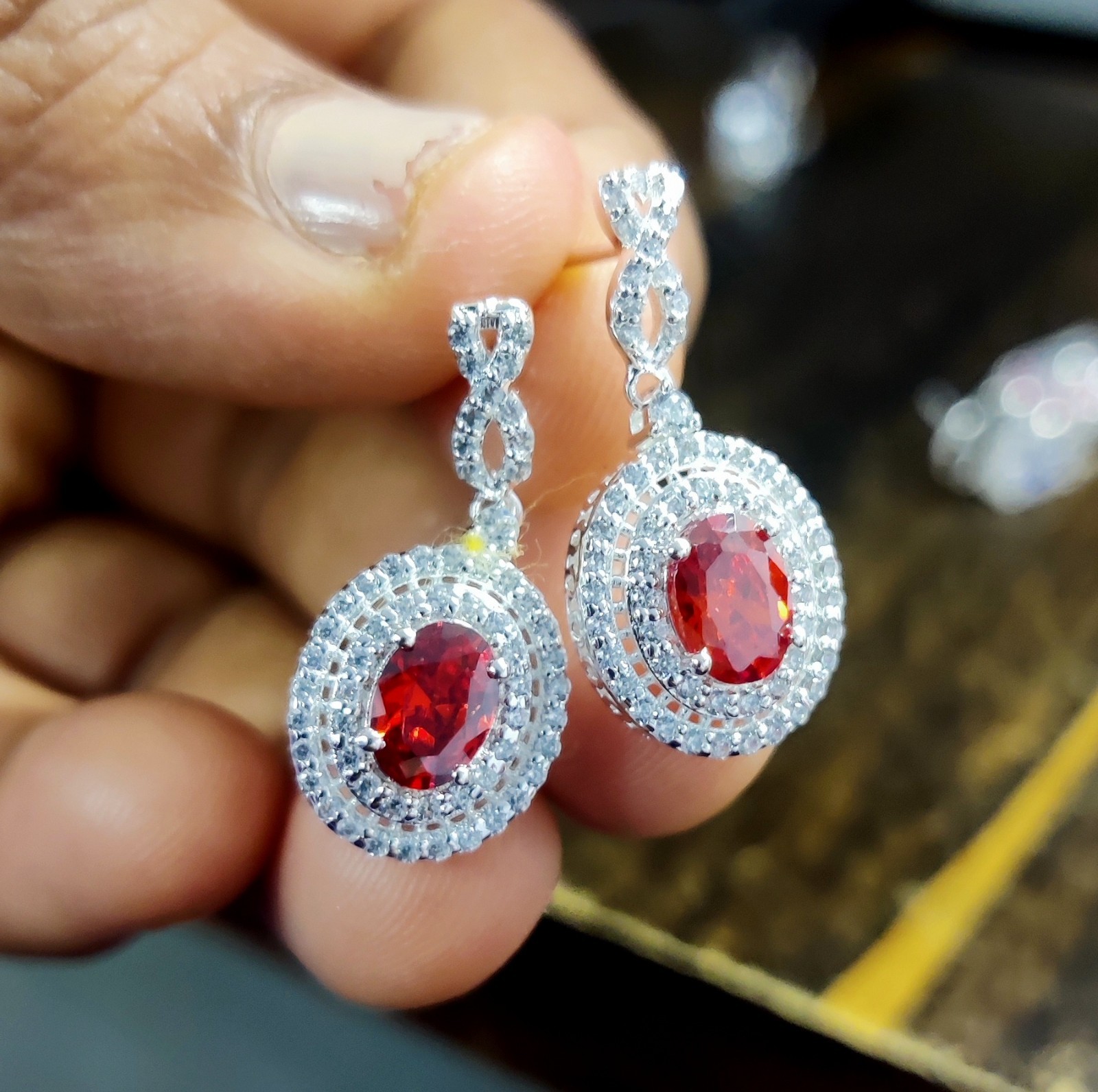 2Ct Oval Lab Created Garnet Halo Drop & Dangle Earrings 14k White Gold Plated