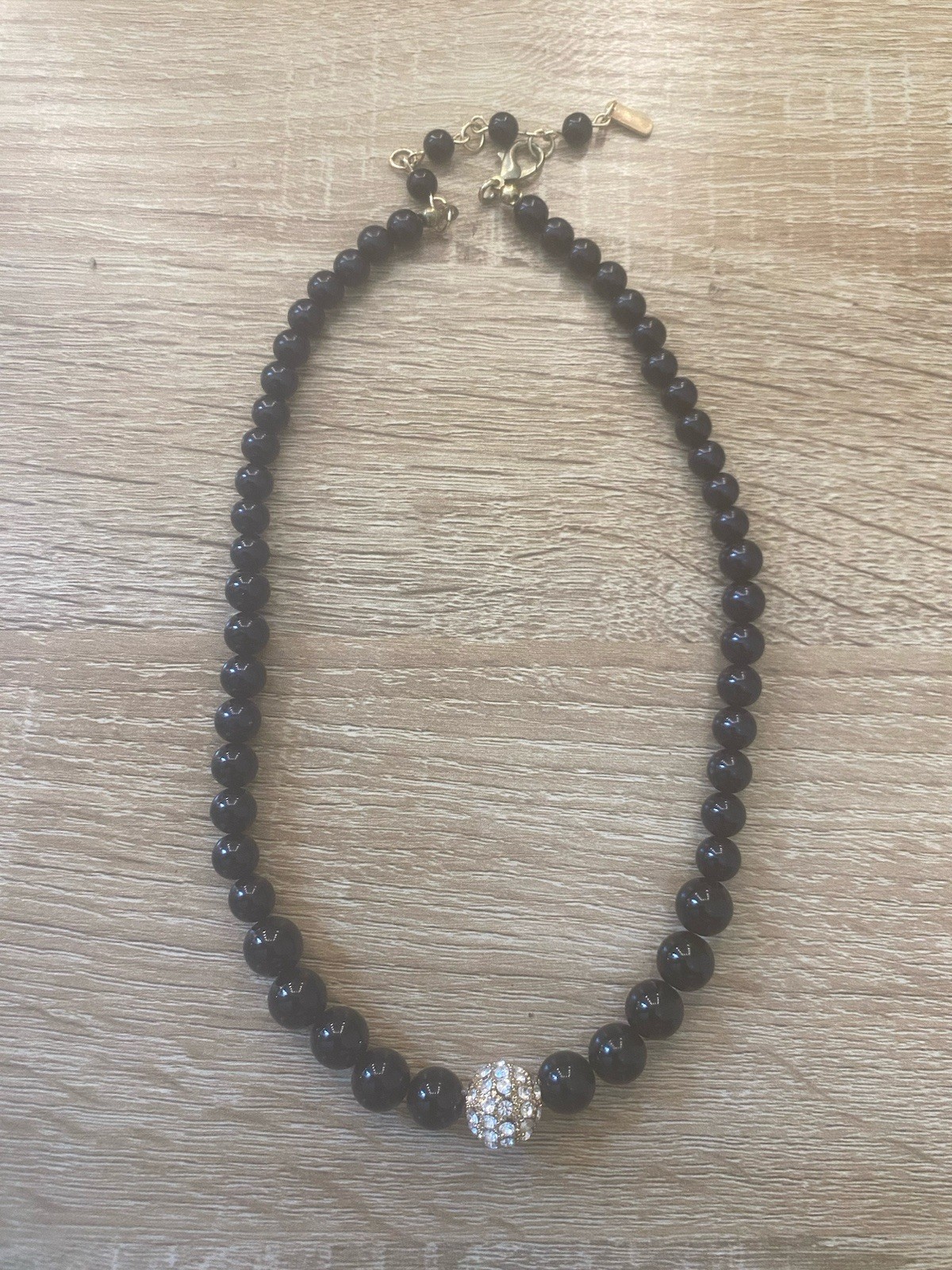 Classic Glossy Black Beaded Necklace Sparkling Rhinestone Accent Gold Tone Clasp
