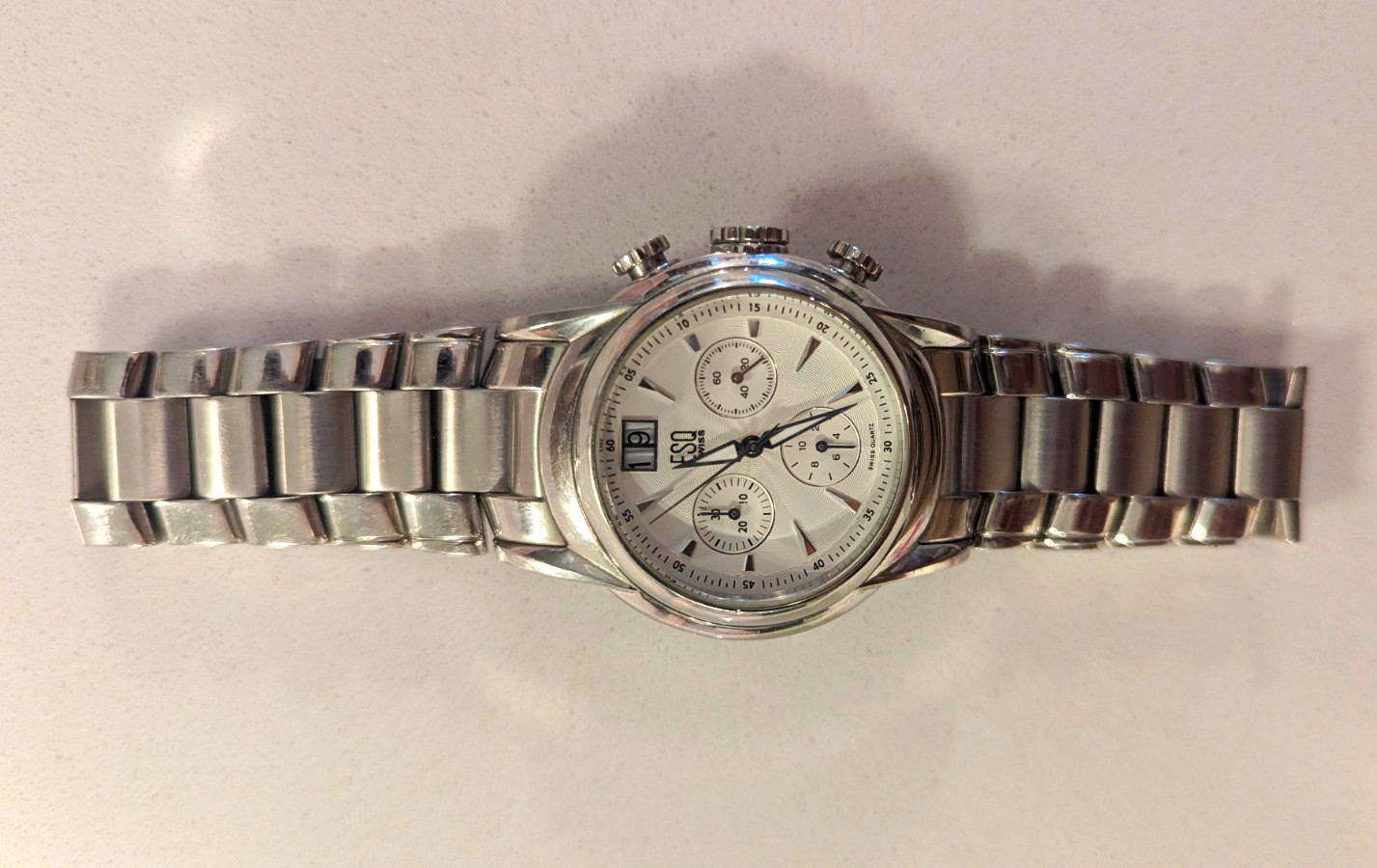ESQ Swiss Men’s Quartz Chronograph Date Watch Silver Dial SS Bracelet 30m