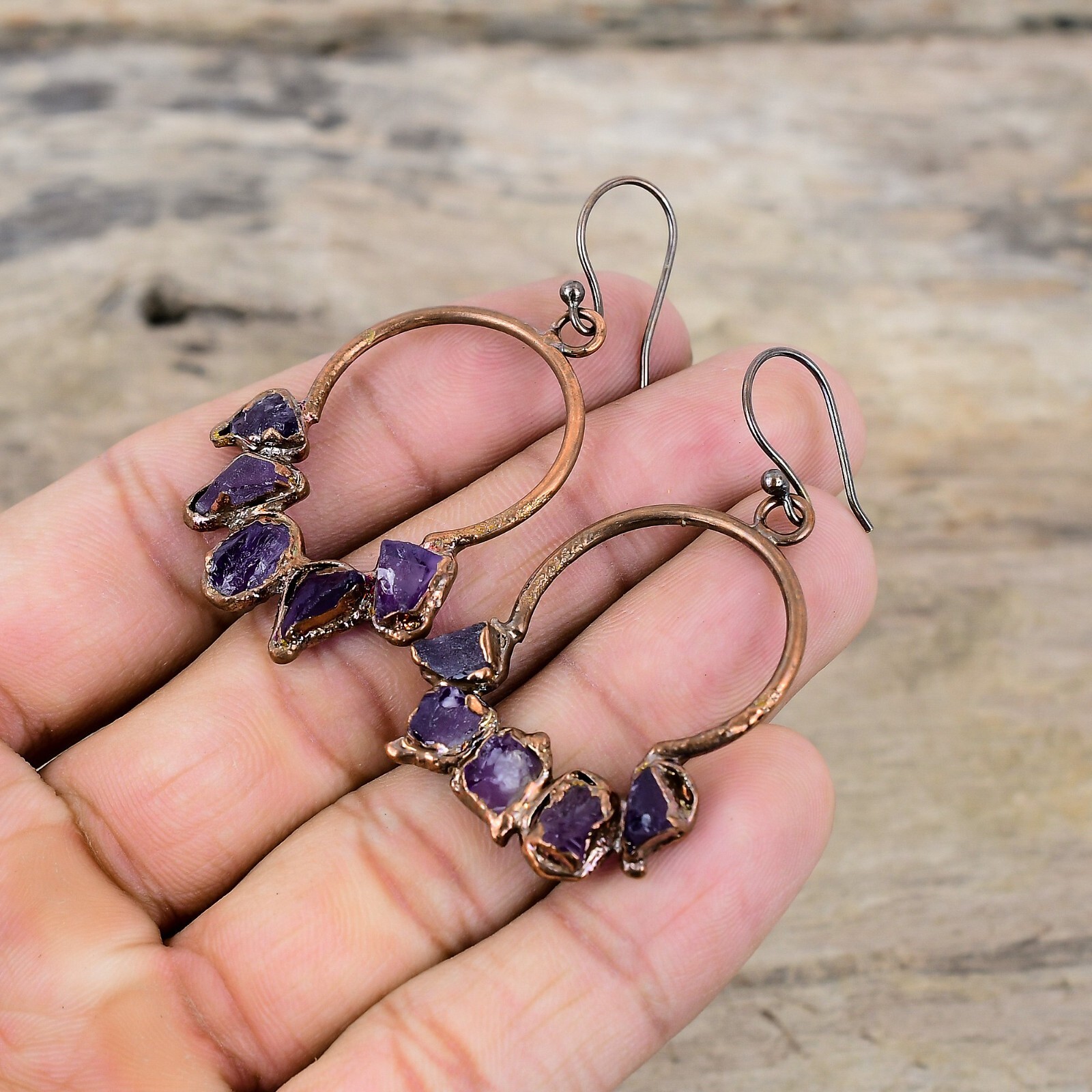 African Amethyst Rough Electroformed Earrings Handcrafted Copper Gift 2.36″