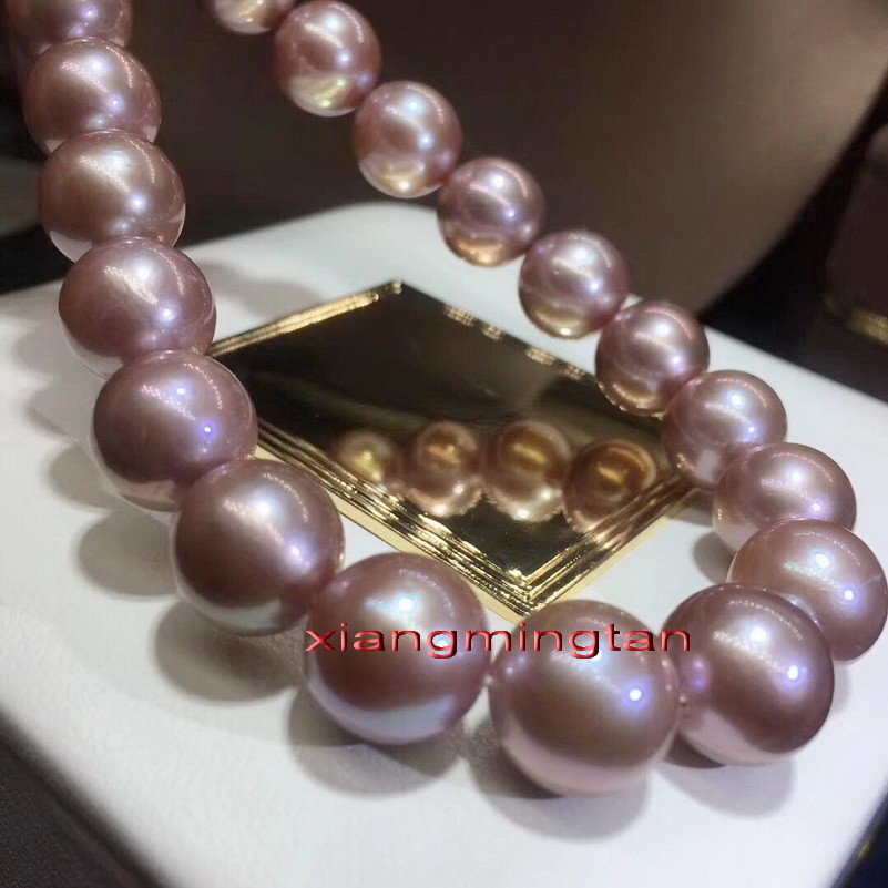 AAAAA 17″12-15mm natural REAL ROUND south sea pink PURPLES pearl necklace 14k