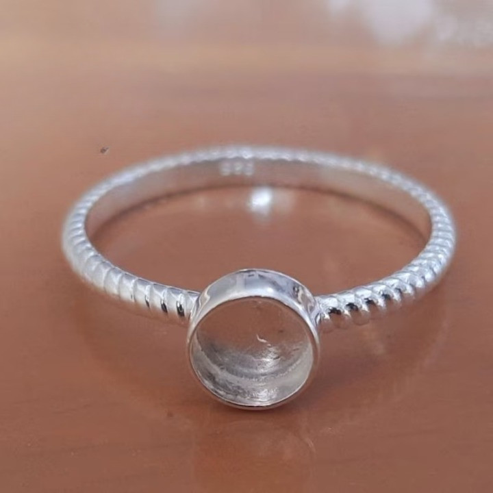 925 Sterling Silver 8mm Round Bezel Cup Ring Twisted Band DIY Jewelry Setting