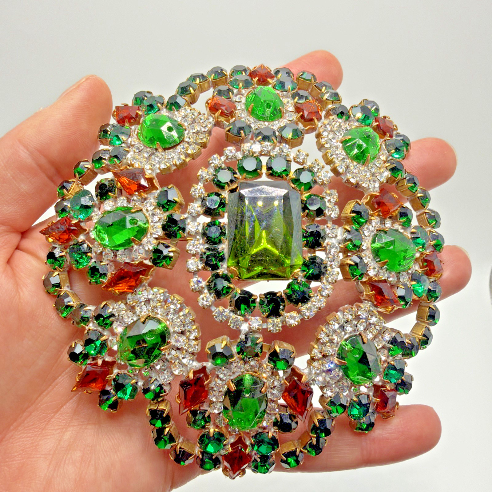 Vintage Bijoux Statement Crystal Rhinestone Brooch Green Orange Tones