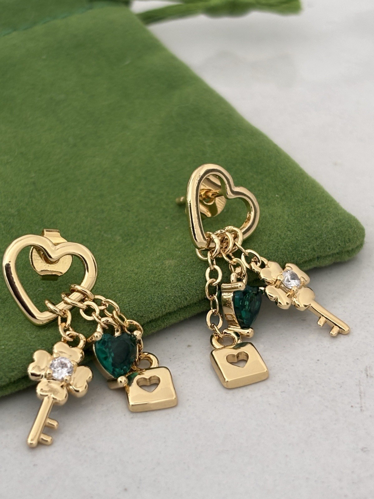 Gold Plated Heart Dangle Earrings Green CZ Heart Clover Key Heart Lock Stud Gift