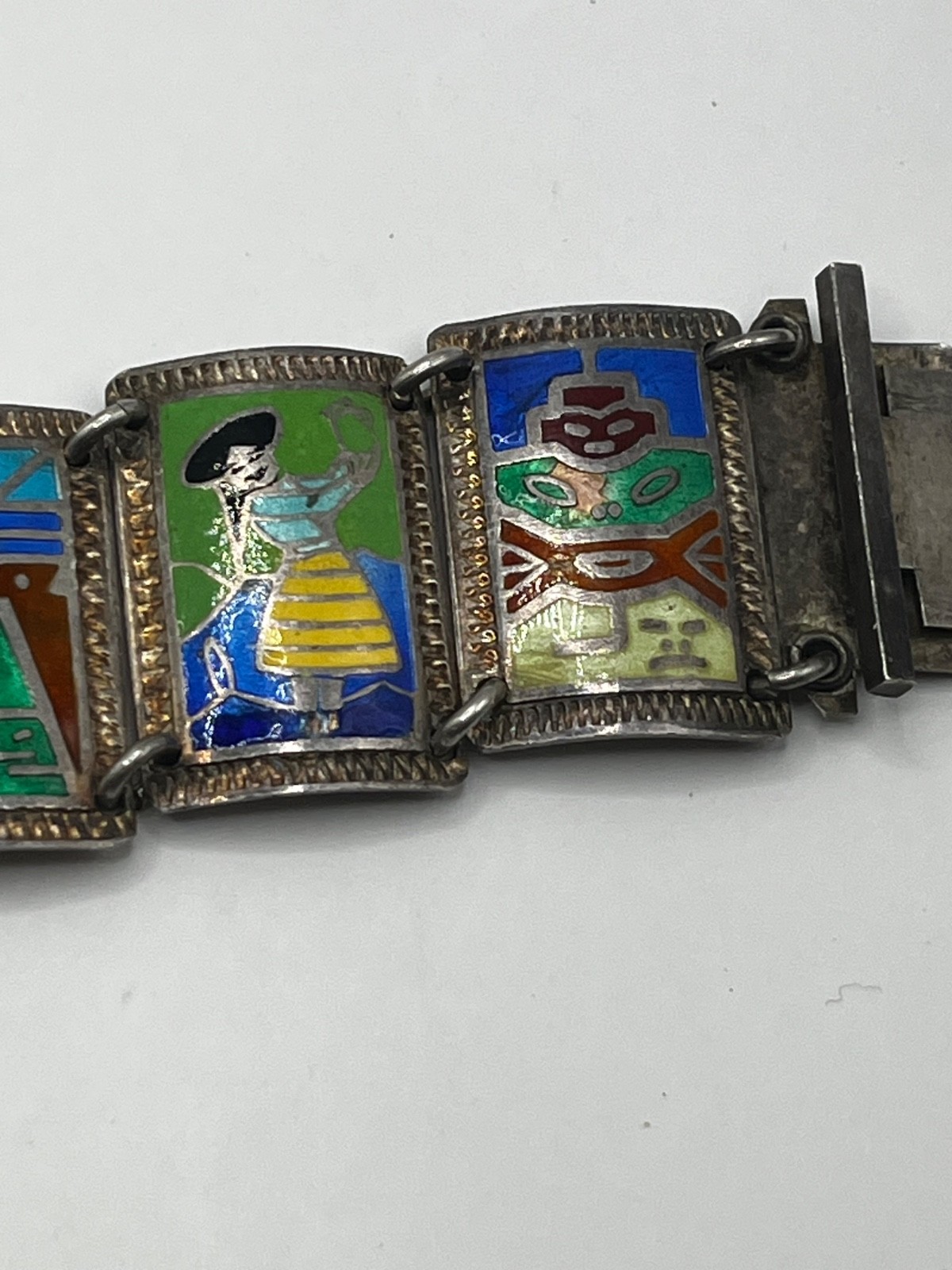 Vintage Mid-Century Peruvian 925 Sterling Silver Enamel Link Panel Bracelet 44g