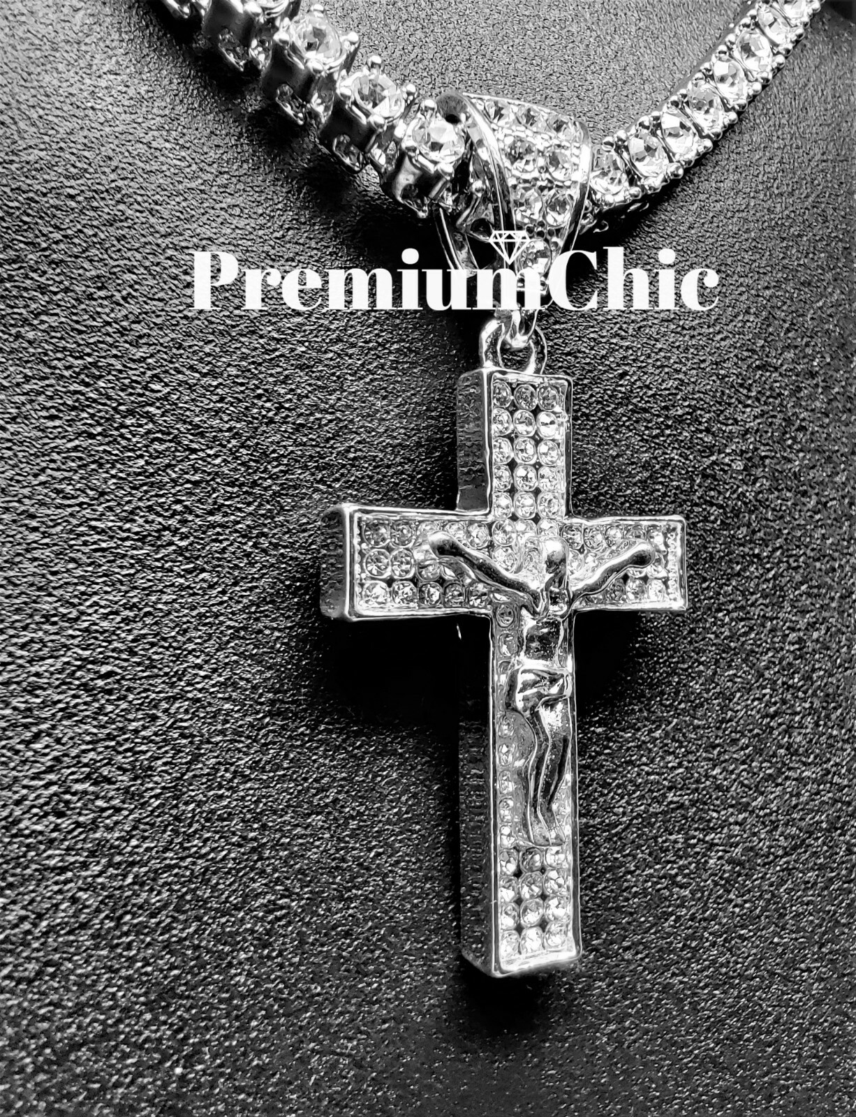 ICED Jesus Cross Pendant Necklace w Rope or Tennis Chain Mens Plated CZ Jewelry