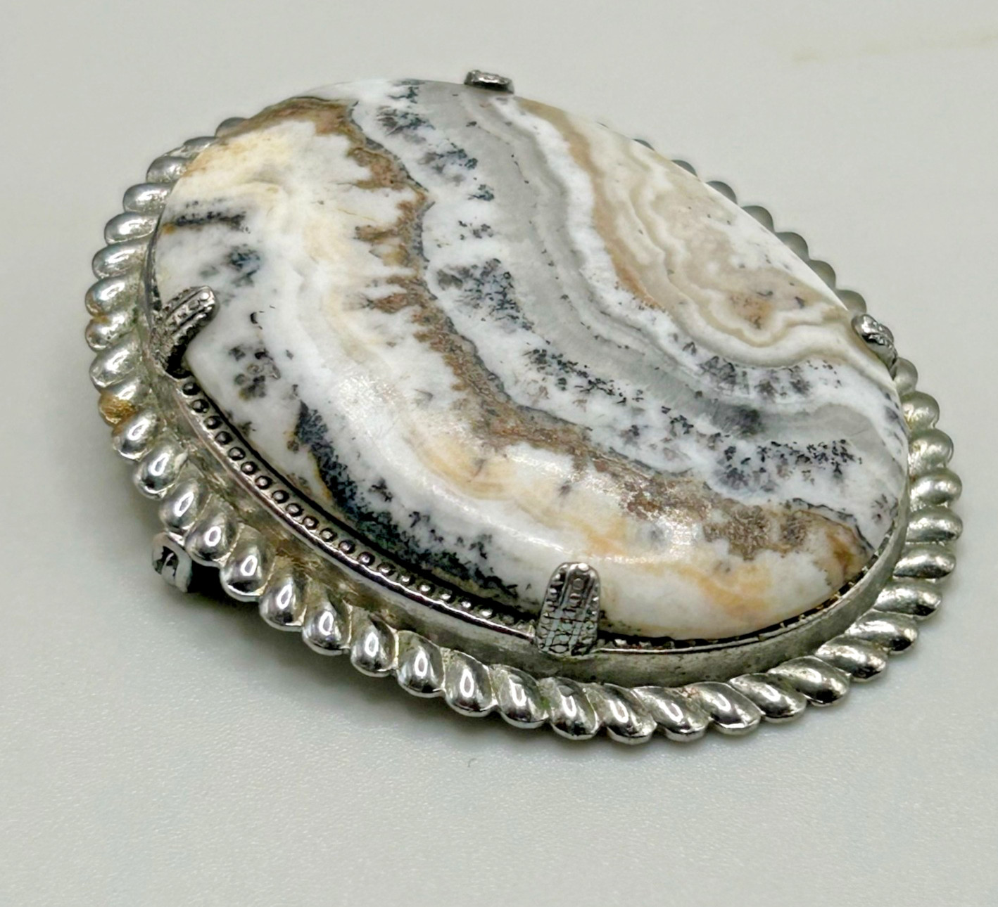 Hand Cut & Polished 2″ Dendrite Agate Stone Cabochon Pin in Sterling Silver JP2