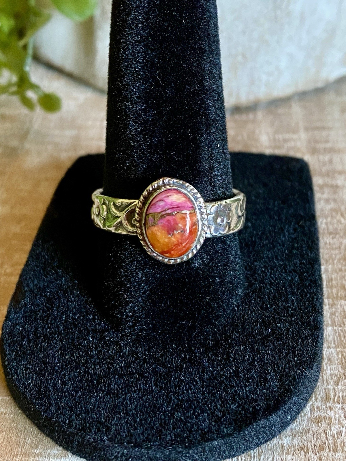 Pink Orange Spiny Oyster Shell Sterling Silver Ring Boho Southwestern Flower 8