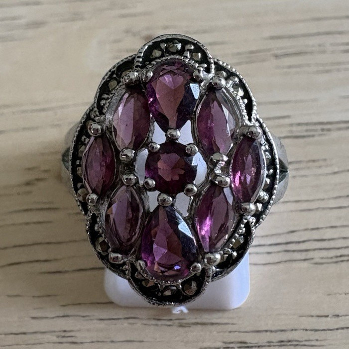 Silver Tone Cluster Cocktail Ring Purple Marquise-Cut Stones Size 9 Pre-Owned
