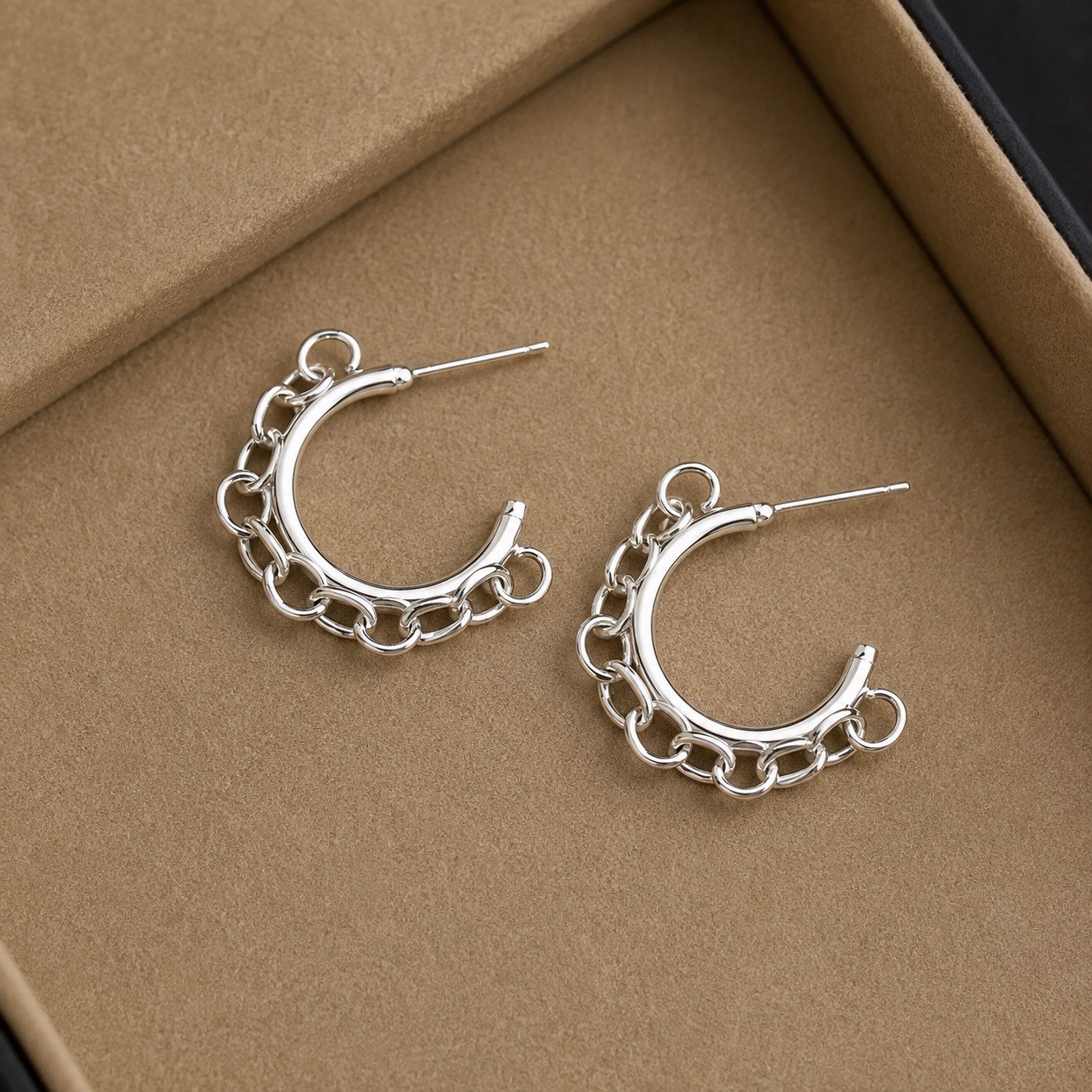 925 Silver Chain Huggie Hoop Stud Earrings Minimalist Statement Earrings D11