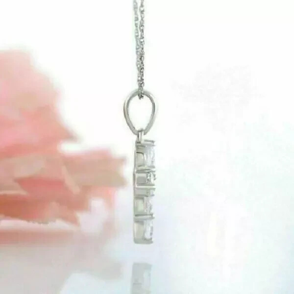 1Ct Round Cut Diamond Cross Necklace Pendant 14K White Gold Finish Free Chain