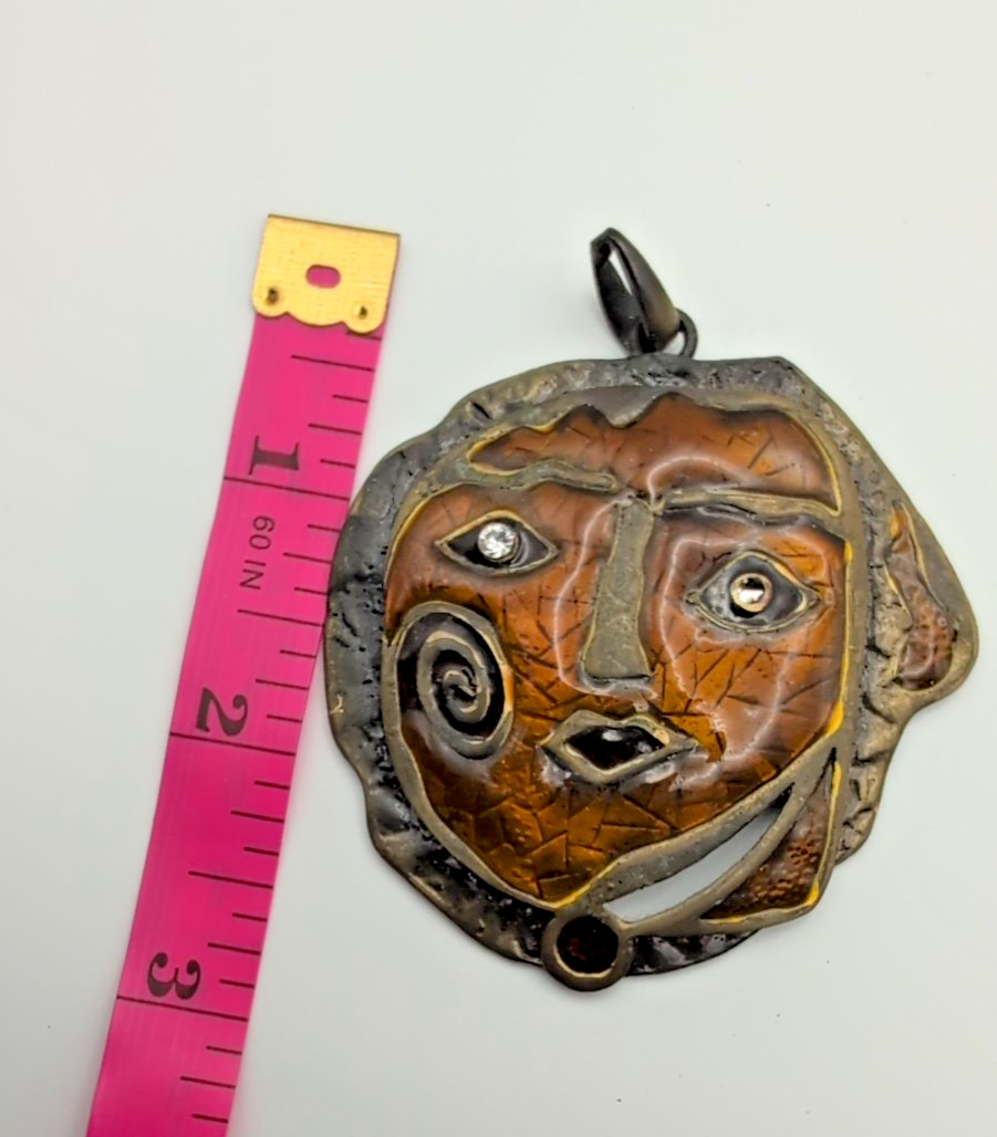VTG Modernist Mixed Metals Face Pendant Gold Tone Textured Boho Cz Eyes Art Nice