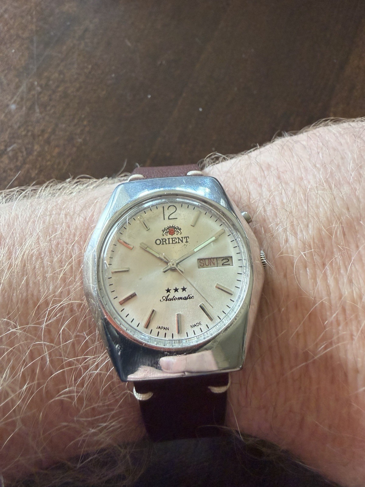 Vintage Orient Three Star Automatic Day Date Runs Great Silver Dial Japan