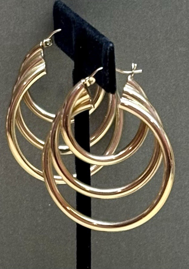 14K Solid Gold Large Triple Tube Hoop Earrings 2” Inch Long, 10.9 Grams