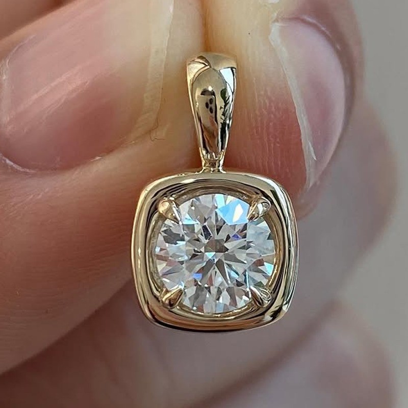 1.45 CT Round Moissanite Bezel Pendant 14k Yellow Gold Plated No Necklace Chain