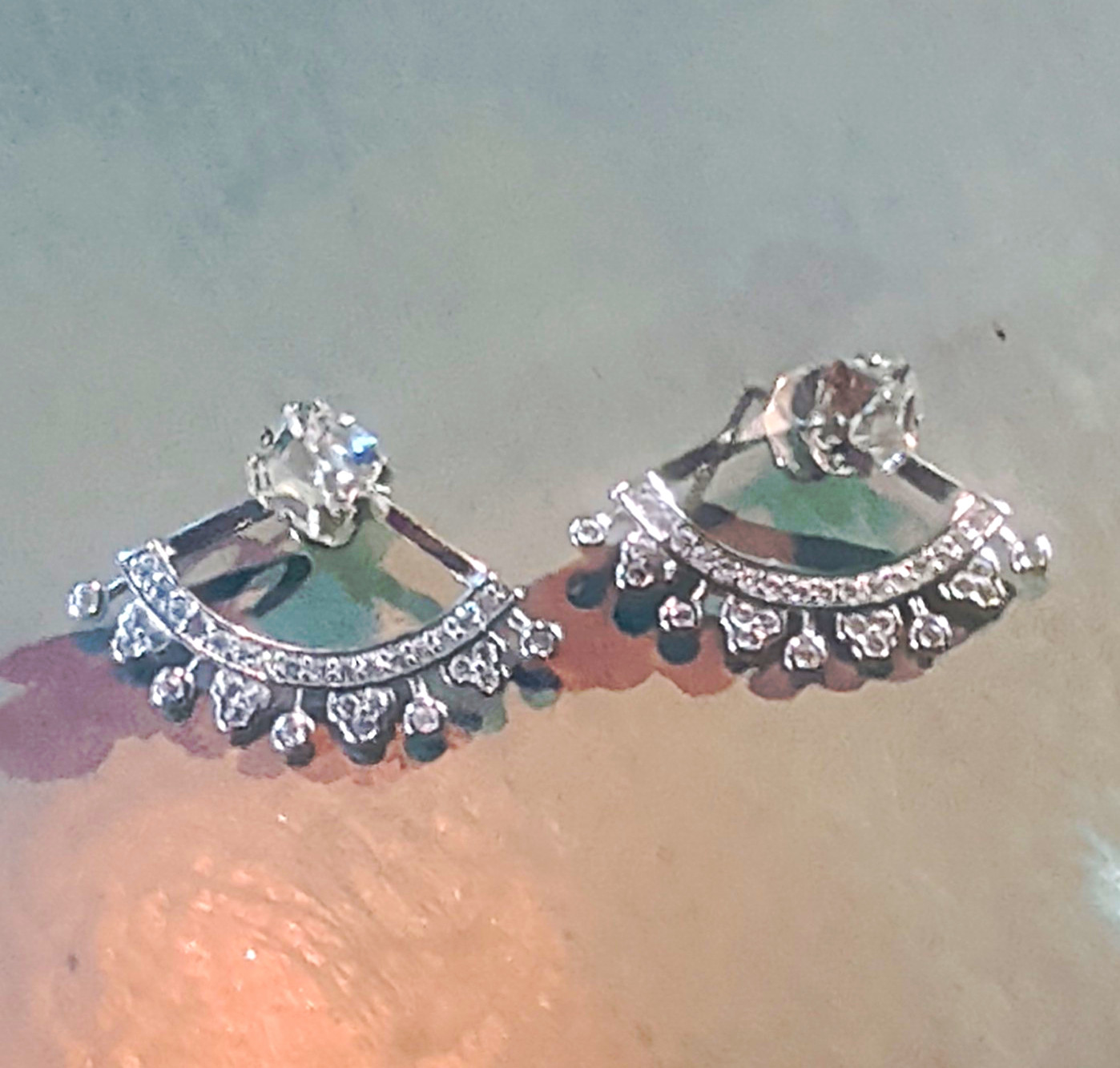 Silver Plated Clear Cubic Zirconia Fan Stud Dangle Earrings Butterfly Back