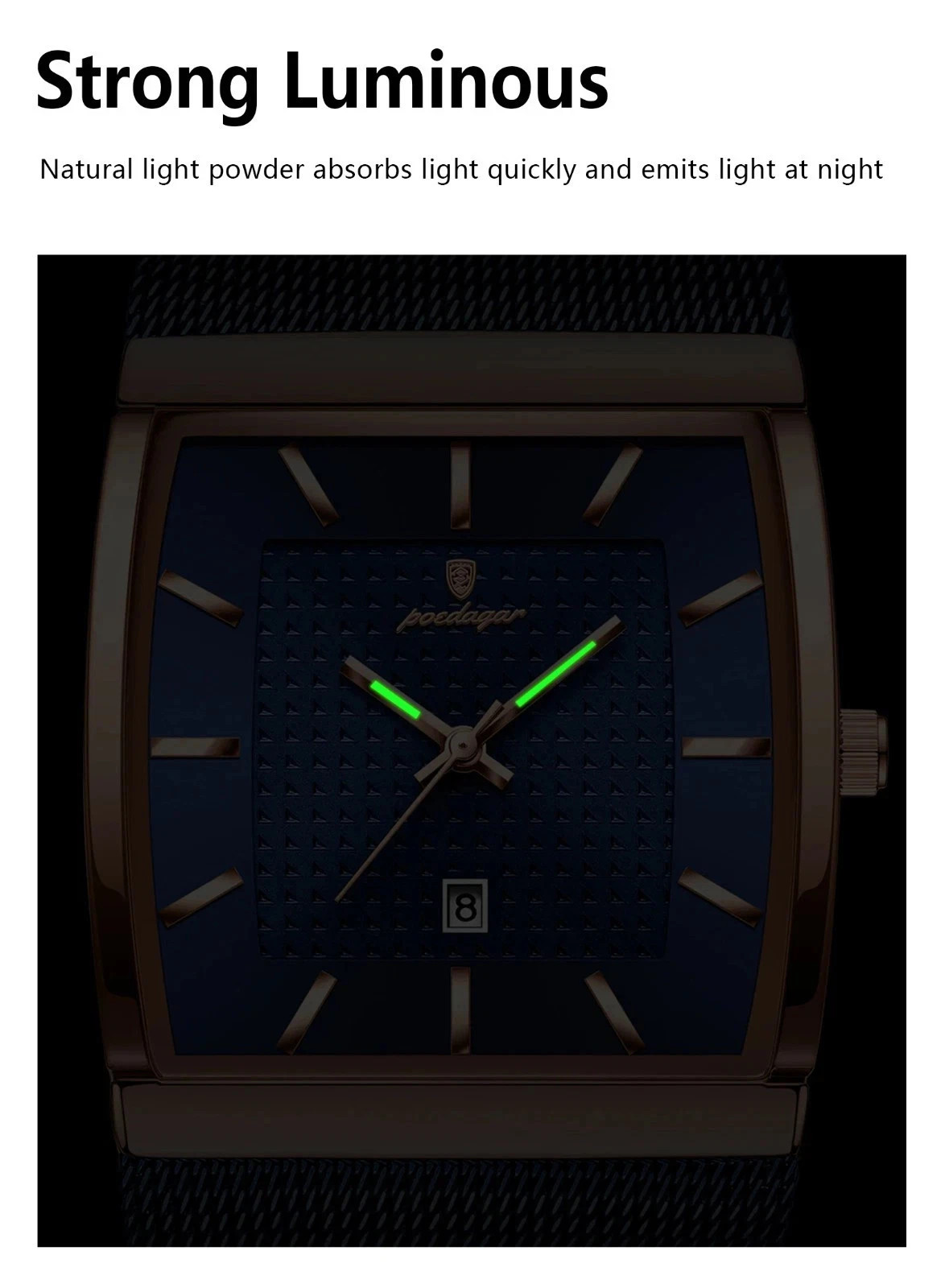 Luxury Men’s Watch Rectangle Steel Mesh Waterproof Luminous Date Quartz