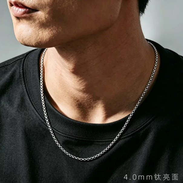 Pure Titanium Necklace 4mm Wide Polished Square Box Chain Anti Allergic Classic