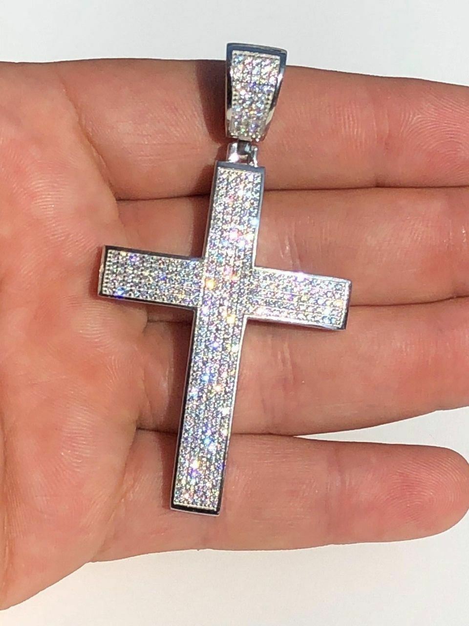 Mens Solid 925 Silver Cross Pendant Real ICED 3ct CZ 14k Gold Plated Rope Chain
