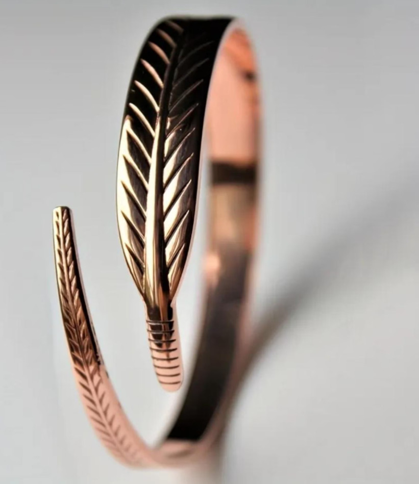 Pure Copper Feather Cuff Bracelet Adjustable Boho Open Bangle Nature Inspired